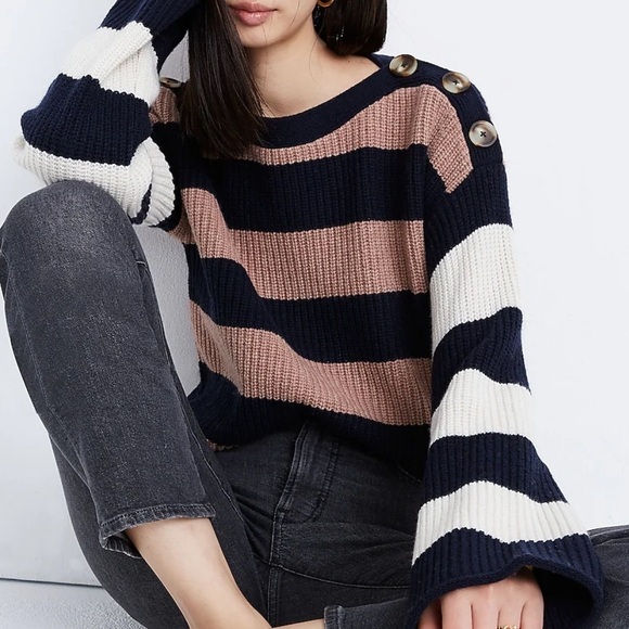Madewell Sweaters - Madewell NEW Merino Wool Striped Bell Sleeve Boatneck Button Accent Sweater M